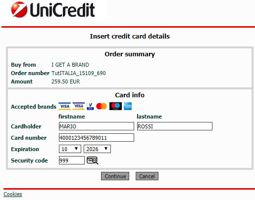 Page de saisie de données de la carte de la Banque UniCredit
